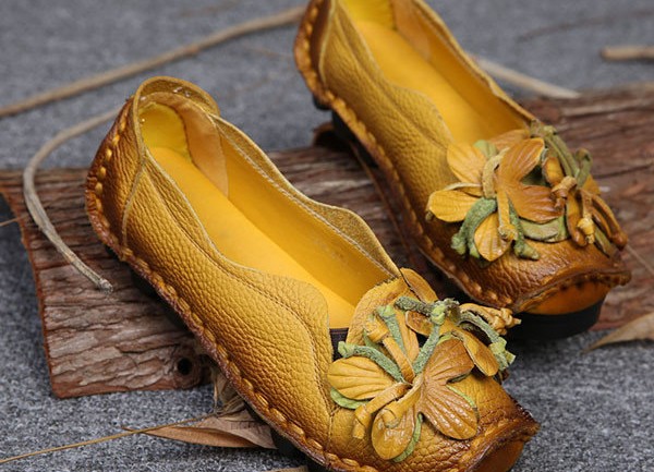  Genuine Leather Handmade Flower Loafers Soft Flat Casual Shoes
