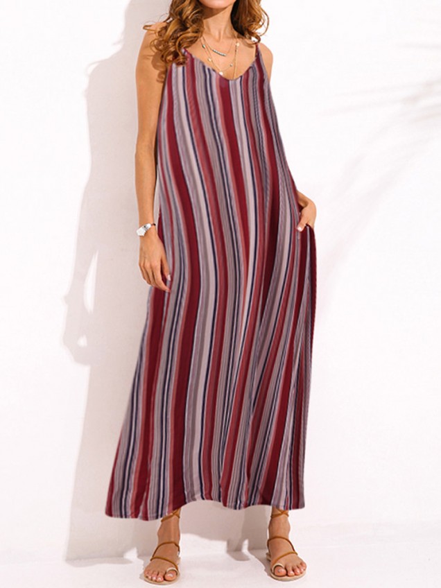 O-NEWE Bohemian Women Stripe Spaghetti Strap Backless Beach Maxi Dress 