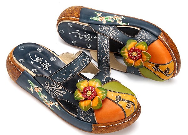 SOCOFY Vintage Colorful Leather Hollow Out Backless Flower Shoes