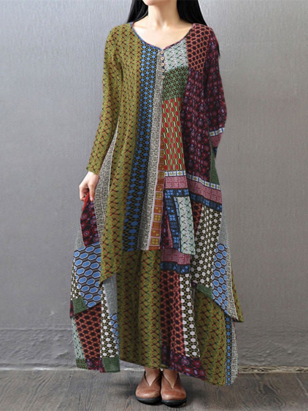Boho Printed Two Layers Long Sleeve Maxi Dresses