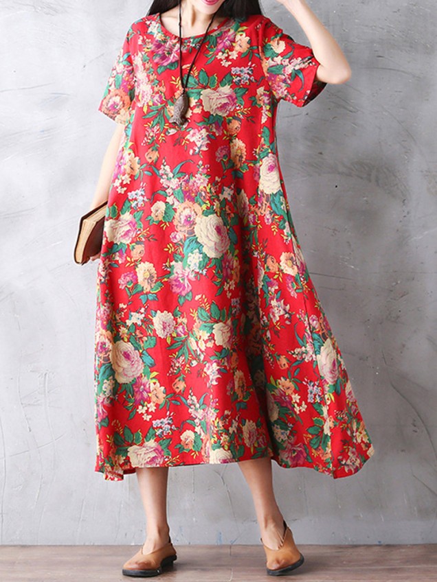 Boho Vintage Floral Printed Loose Short Sleeve Maxi Dresses