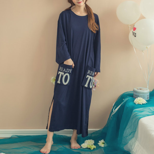 Comfortable Cotton Pocket Round Neck Nightgown Long Sleeve Loungewear For Women