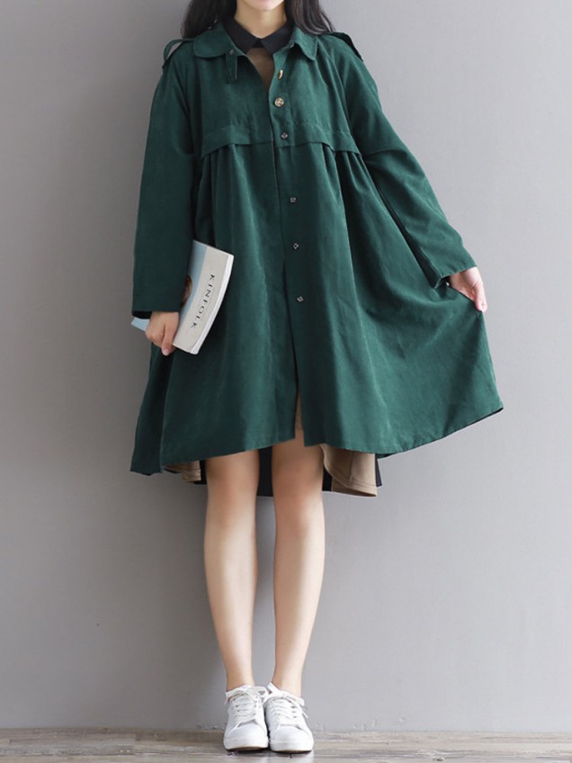 Women Long Sleeve Lapel A-Line Pure Color Loose Trench Coats