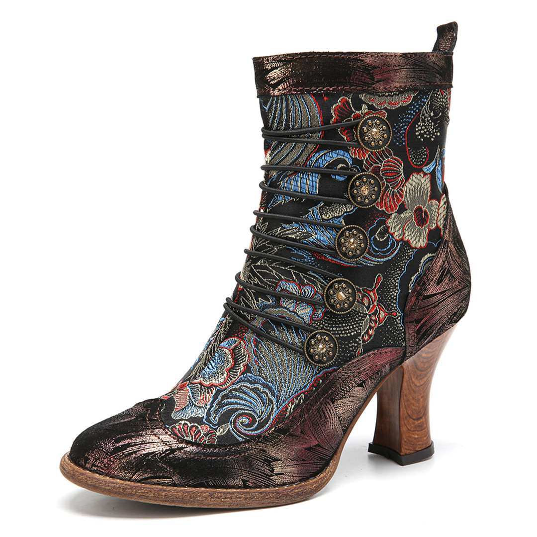SOCOFY Vintage Breasted Decor Leather Heeled Boots