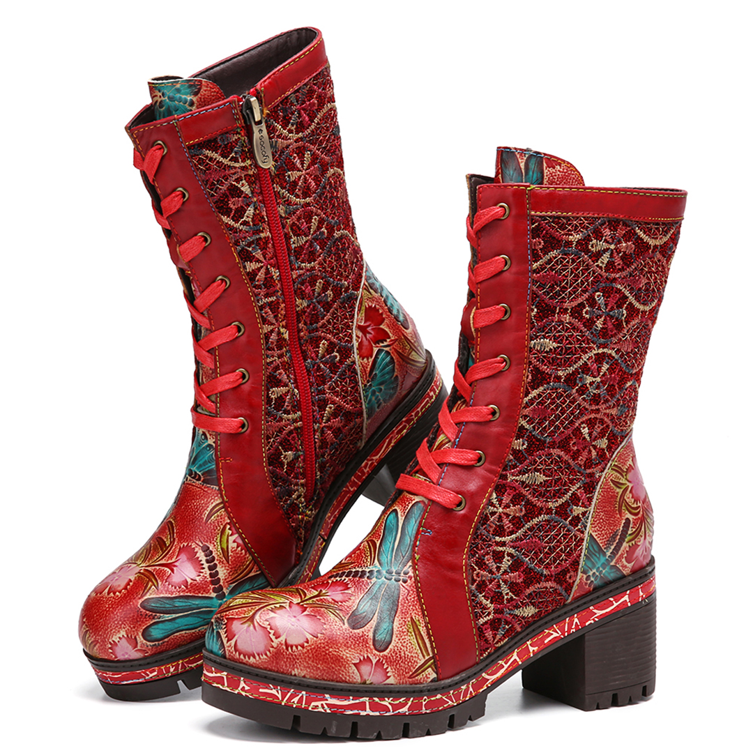 SOCOFY Leather Embroidered Elegant Mid Calf Boots