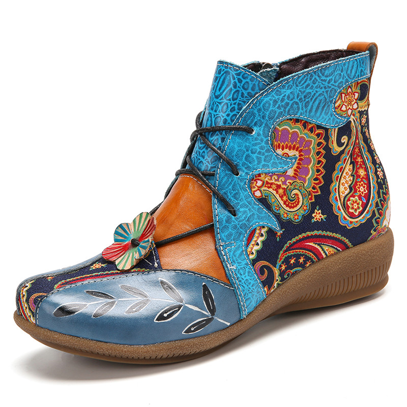 SOCOFY Folkways Paisley Print Comfy Wearable Flat Ankle Boots