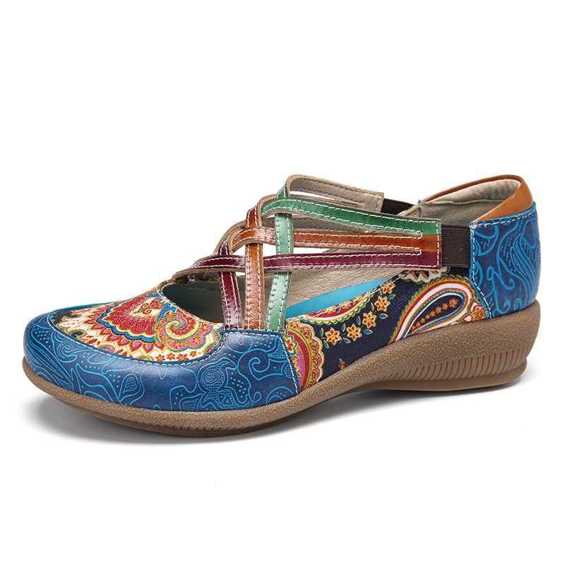 SOCOFY Vintage Paisley Elastic Strap Slip-on Wedge Casual Shoes