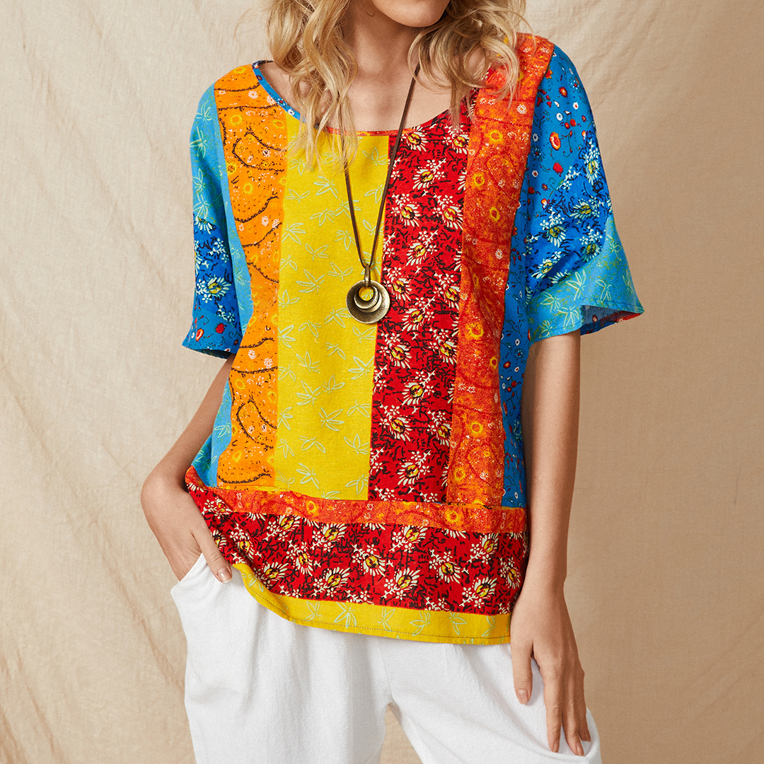 Multi-color Stripe Print Pocket O-neck Short Sleeve Ethnic T-Shirt
