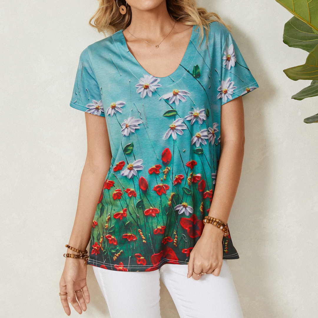 Flower Print V-neck Short Sleeve T-Shirt For Women